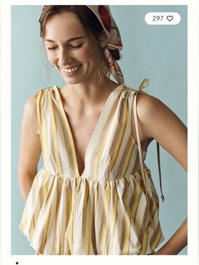 NWT Anthropologie Yellow and White Striped Tie-Shoulder Peplum Top